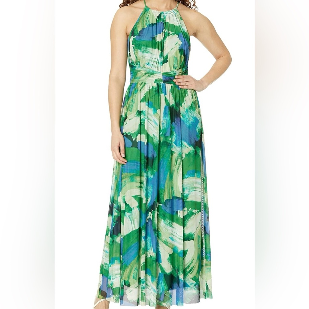 London Times Women's Mesh Halter Maxi with Ruched Waistband
